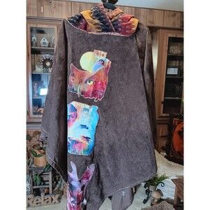 Vintage Hand Made Artisan Native American Theme Brown Faux Suede Poncho